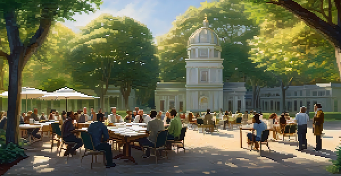 A group of diverse individuals engaged in a heritage site management meeting outdoors with a historic building and greenery in the background.