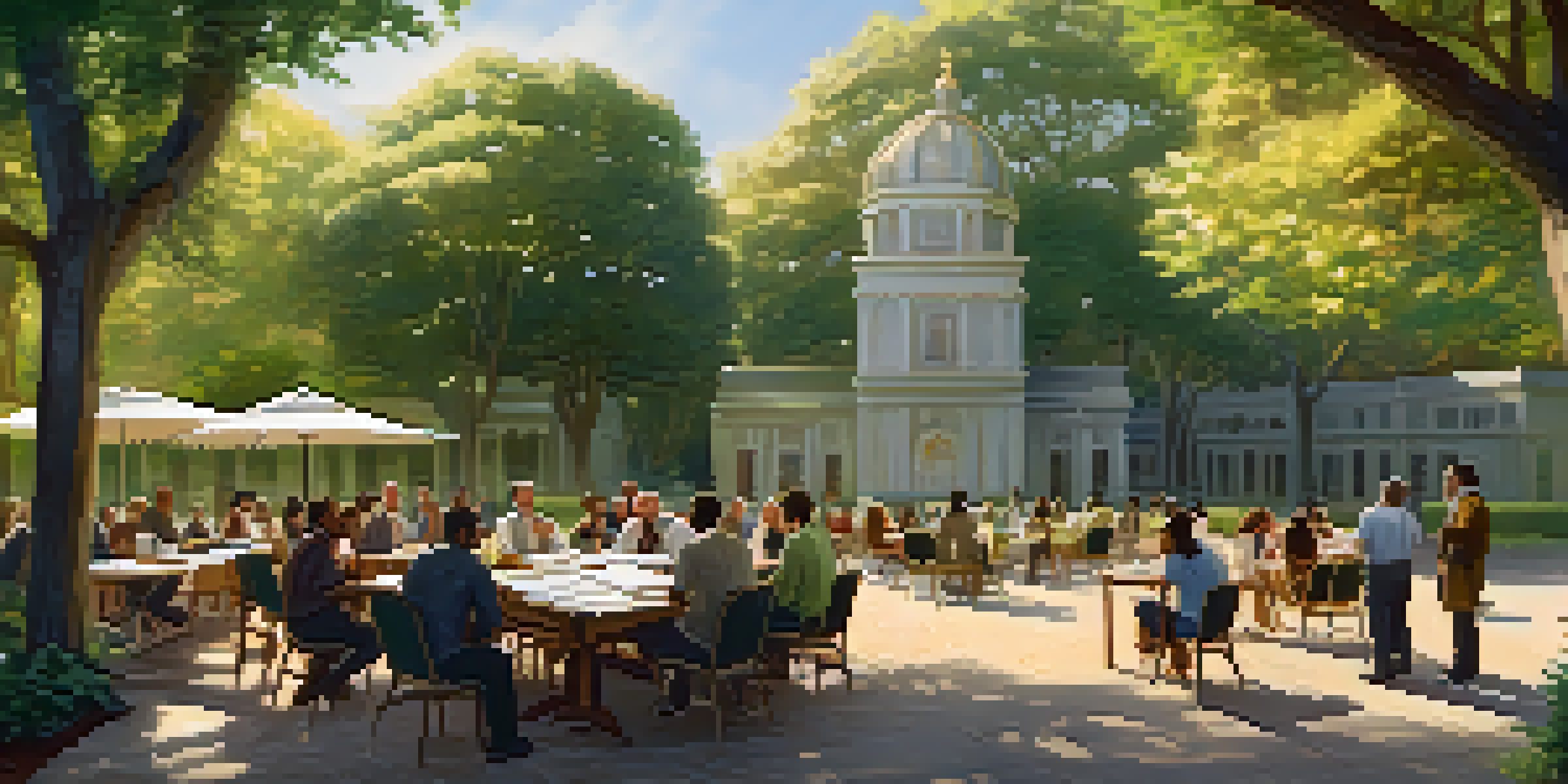 A group of diverse individuals engaged in a heritage site management meeting outdoors with a historic building and greenery in the background.