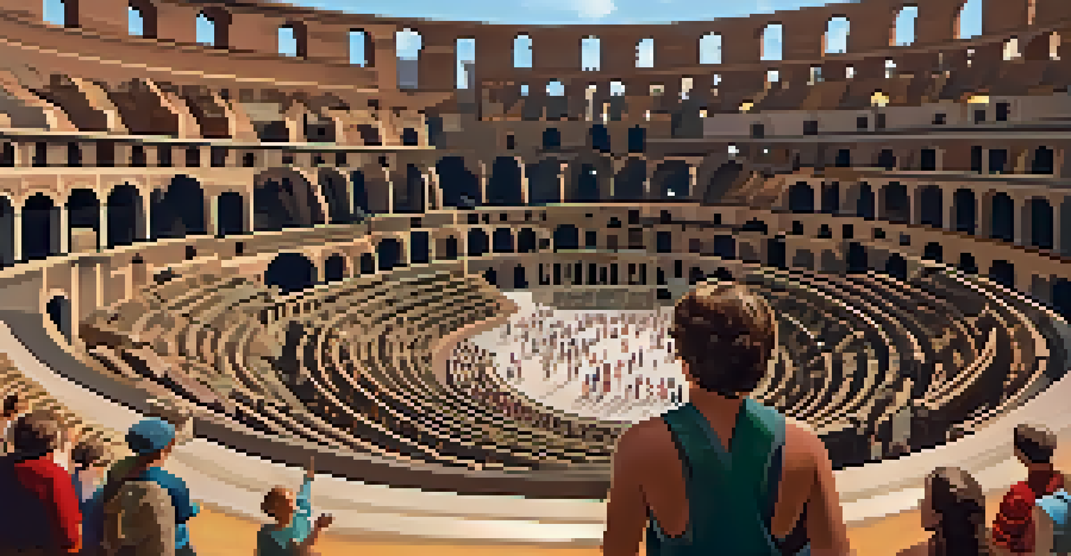 A virtual reality scene of the Roman Colosseum with holographic displays of gladiatorial games, brightly lit for immersion.