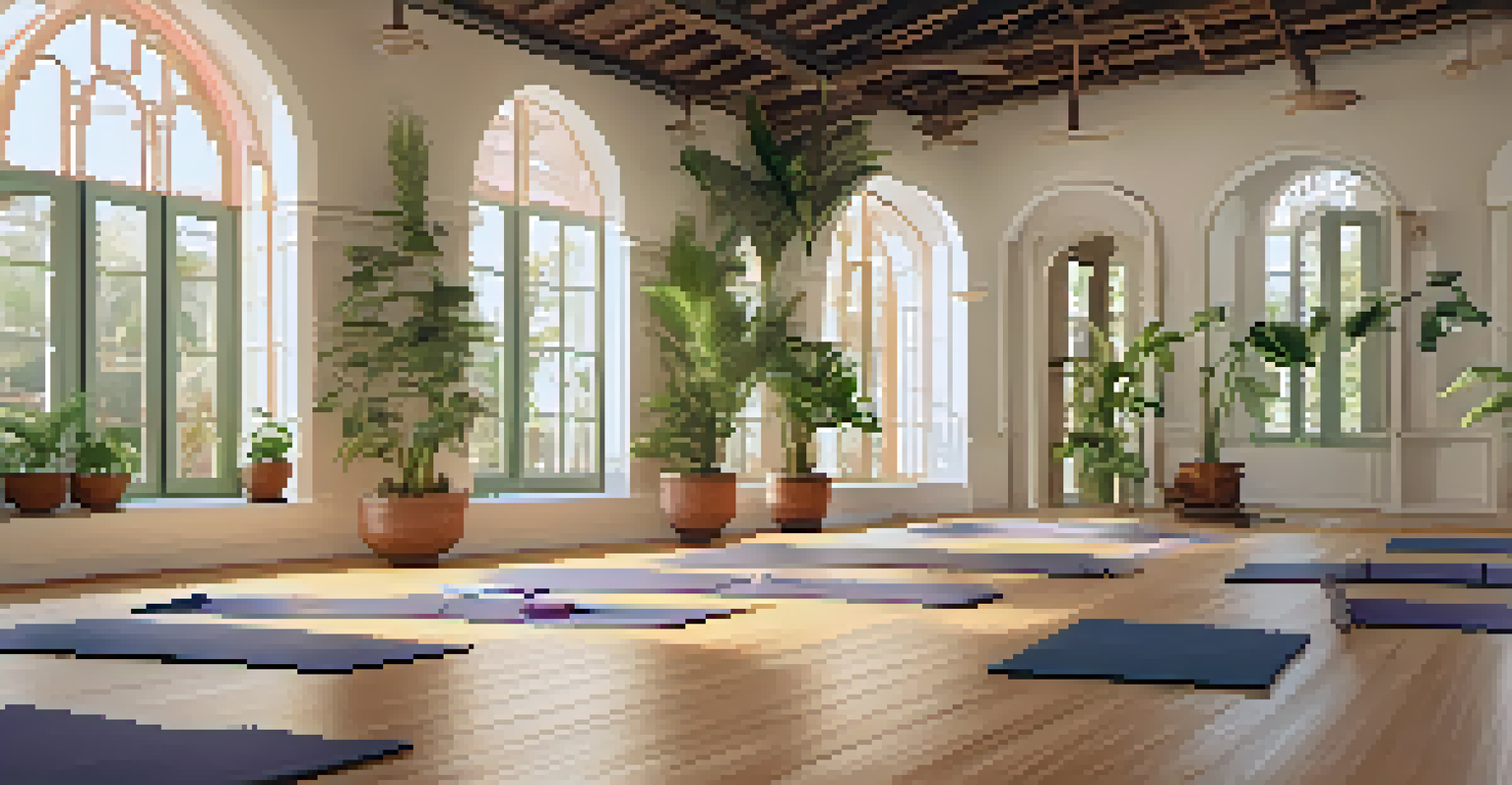 A yoga class taking place in a bright studio with colonial architecture and plants.