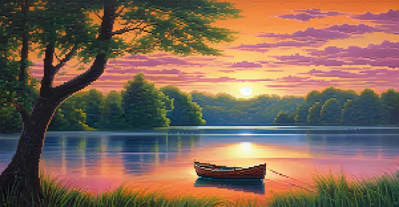 A tranquil lake surrounded by green trees with a sunset reflecting on the water, and a small boat floating.