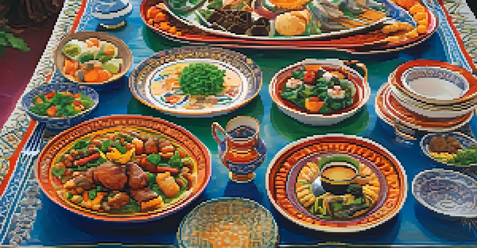 A close-up of an artistically arranged table with diverse cultural dishes, highlighting vibrant colors and intricate presentations.