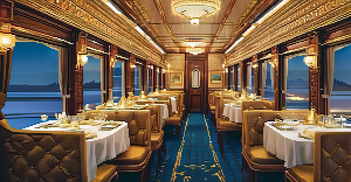 The interior of a luxurious train featuring plush seating and traditional Indian decor illuminated by warm golden lighting.
