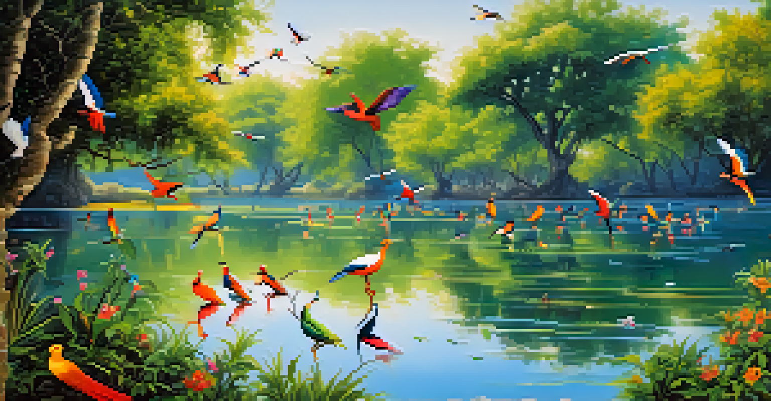 Colorful birds in Bharatpur Bird Sanctuary, with a tranquil lake and lush greenery under a clear blue sky.