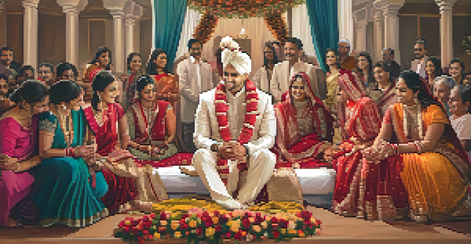 A traditional Indian wedding ceremony with the bride and groom in elaborate attire surrounded by floral decorations.