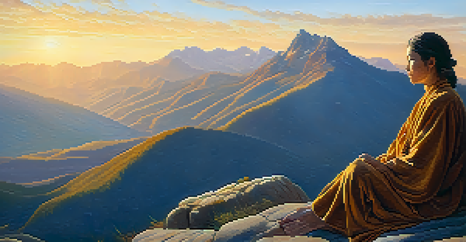 A person meditating at sunrise on a rocky outcrop, with mountains in the background illuminated by golden light.