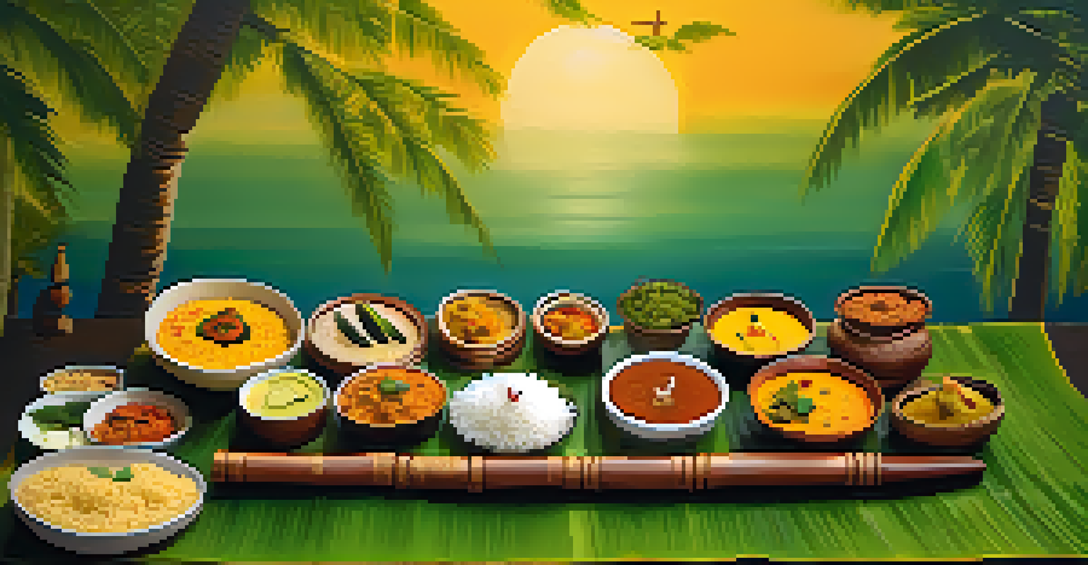 A traditional Onam Sadhya feast displayed on a banana leaf, showcasing various colorful vegetarian dishes.