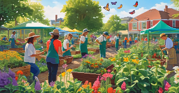 A group of diverse volunteers planting in a community garden with a colorful mural in the background.