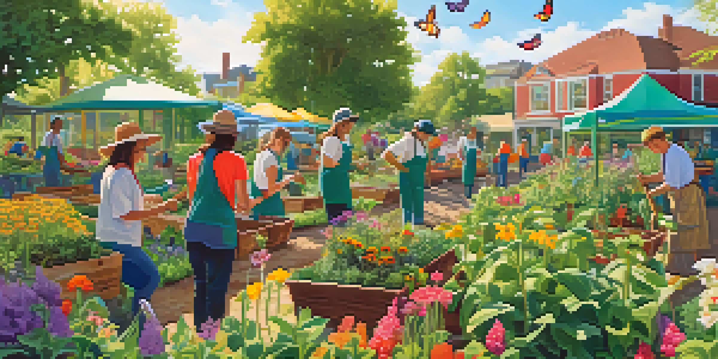 A group of diverse volunteers planting in a community garden with a colorful mural in the background.