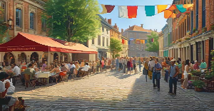 A lively community gathering in a historic town square with diverse people, surrounded by restored traditional buildings under warm sunlight.