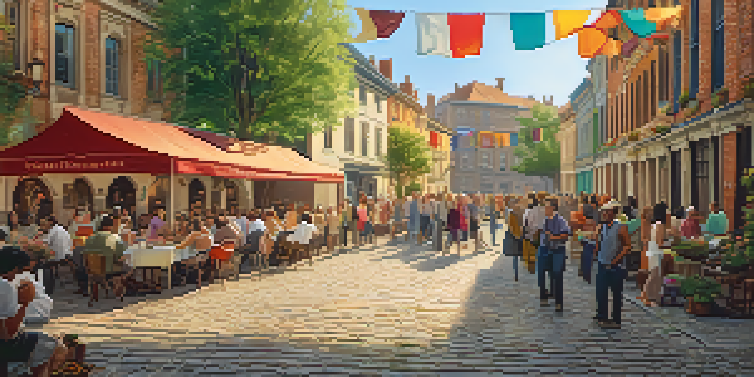 A lively community gathering in a historic town square with diverse people, surrounded by restored traditional buildings under warm sunlight.
