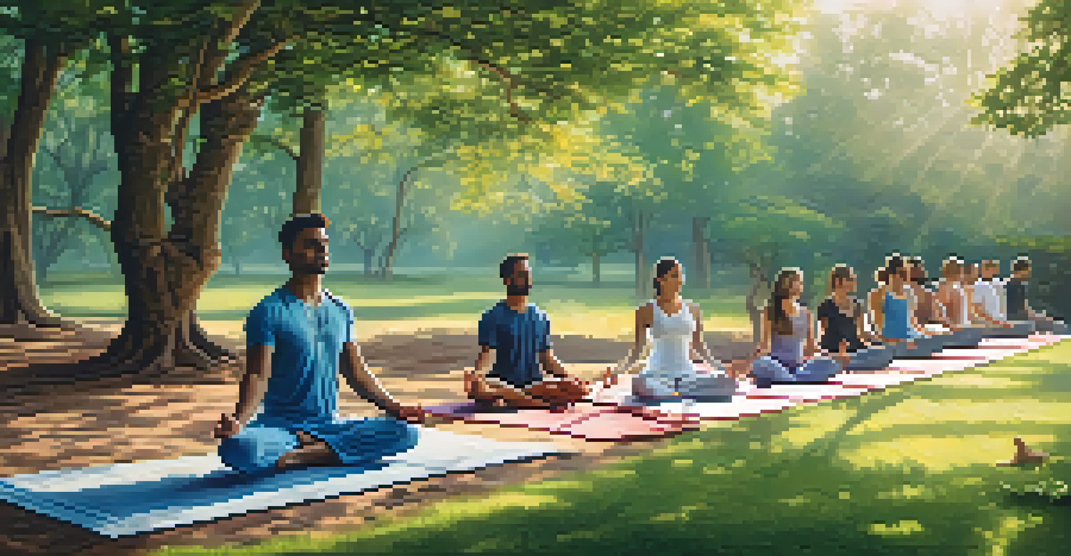 Diverse individuals practicing yoga outdoors in a tranquil green setting, illuminated by soft morning light.