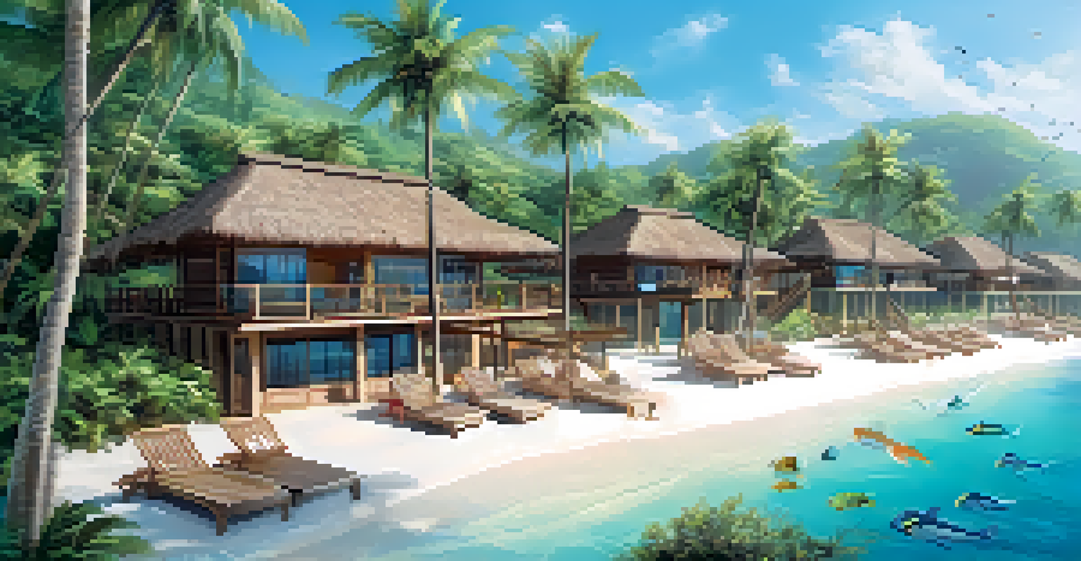 An eco-friendly beach resort with underwater villas and guests engaging in water activities in turquoise waters.