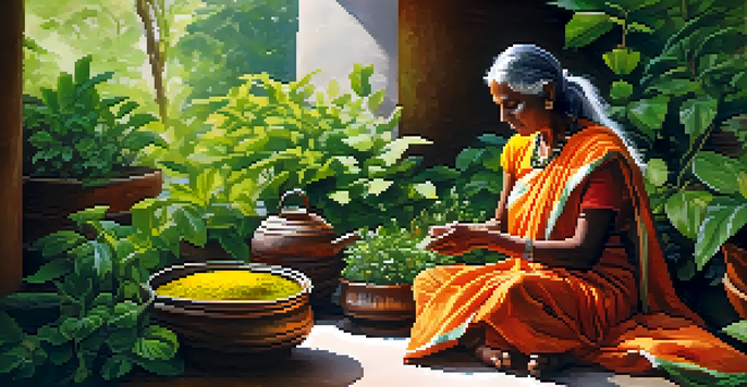 An elderly woman in a colorful saree prepares herbal remedies in a lush green garden filled with plants and herbs, with sunlight filtering through the leaves.