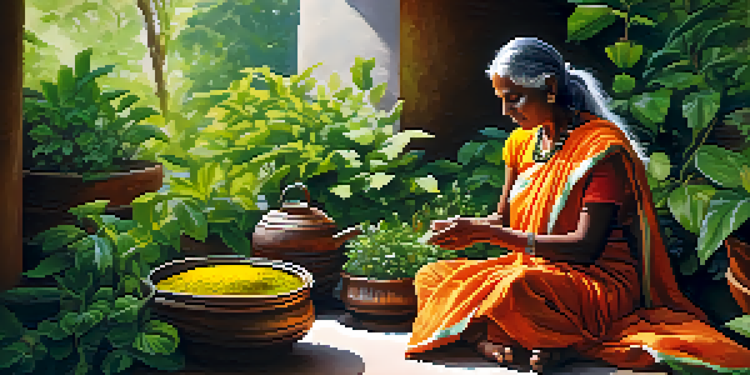 An elderly woman in a colorful saree prepares herbal remedies in a lush green garden filled with plants and herbs, with sunlight filtering through the leaves.