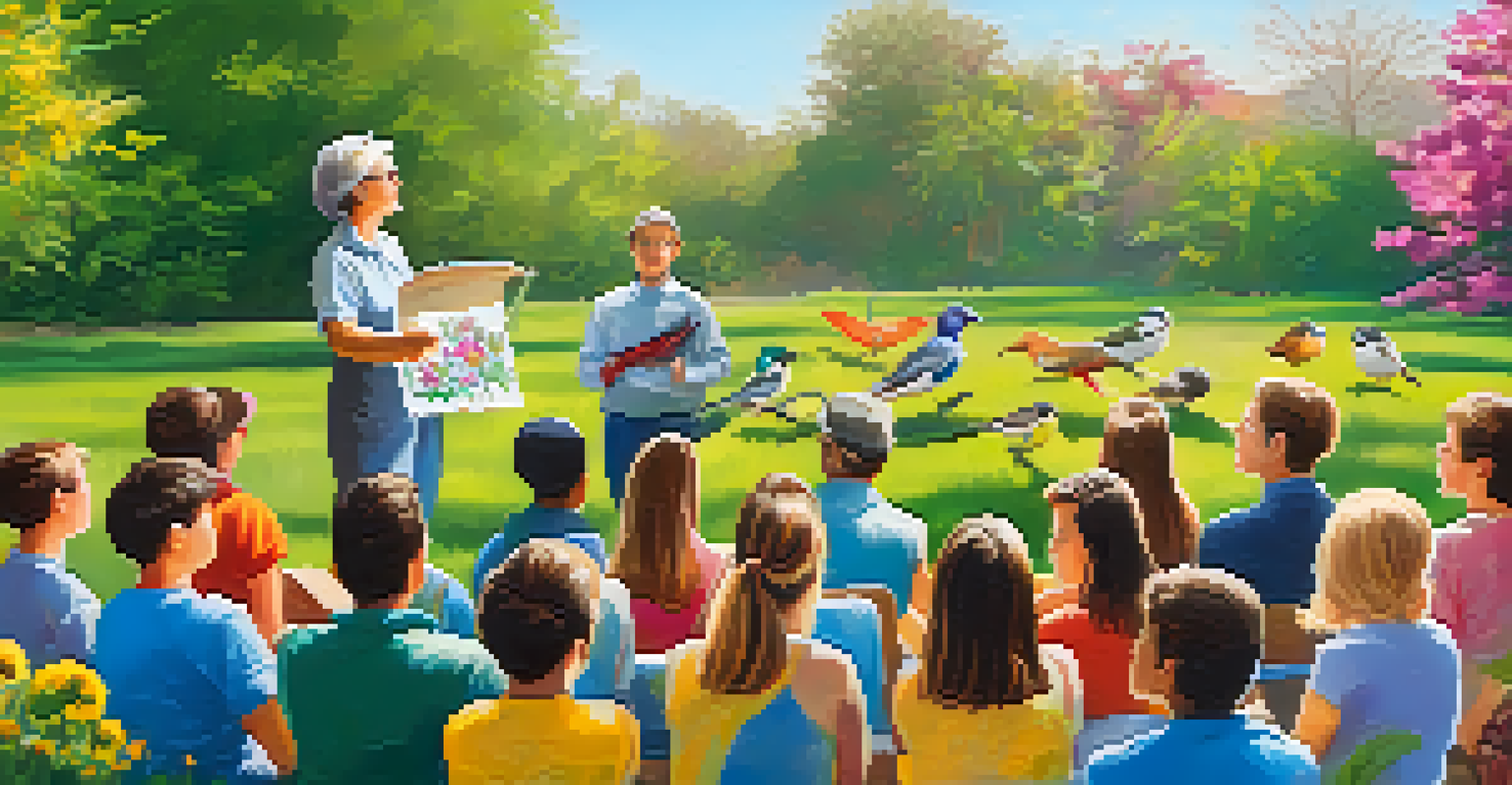 An outdoor educational workshop on bird conservation with participants gathered around a speaker holding a rescued bird in a vibrant garden.