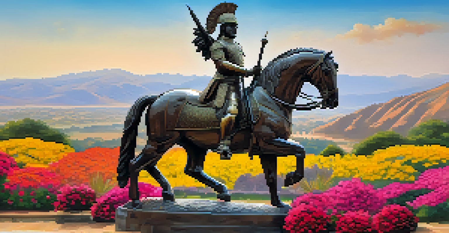 A close-up of Maharana Pratap's bronze statue at Haldighati, surrounded by flowers and candles, with hills in the background.