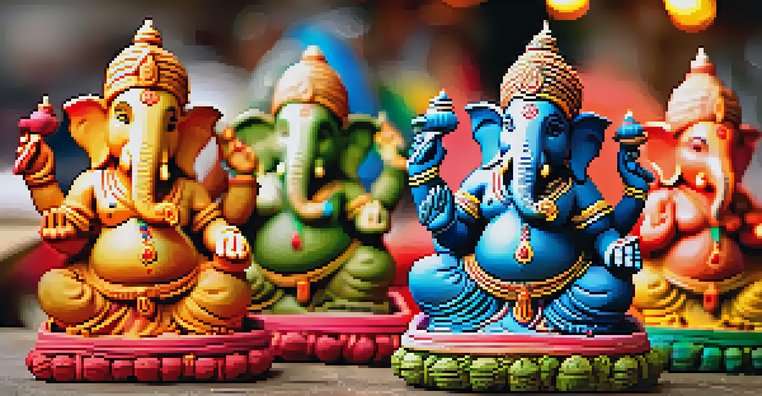 A market stall displaying beautifully crafted eco-friendly Ganesh idols made from clay, decorated with vibrant colors.