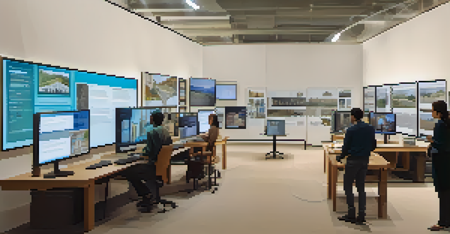 Community members participating in an online workshop about heritage conservation in a digitally designed archive room, surrounded by historical artifacts.