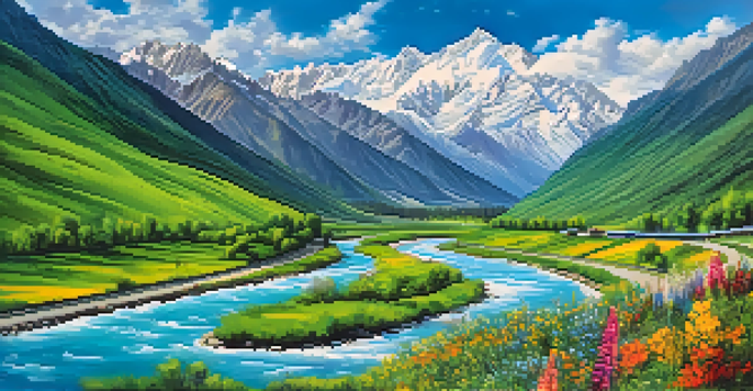 A scenic road trip view from Manali to Leh, showcasing green valleys and snow-capped mountains under a blue sky.