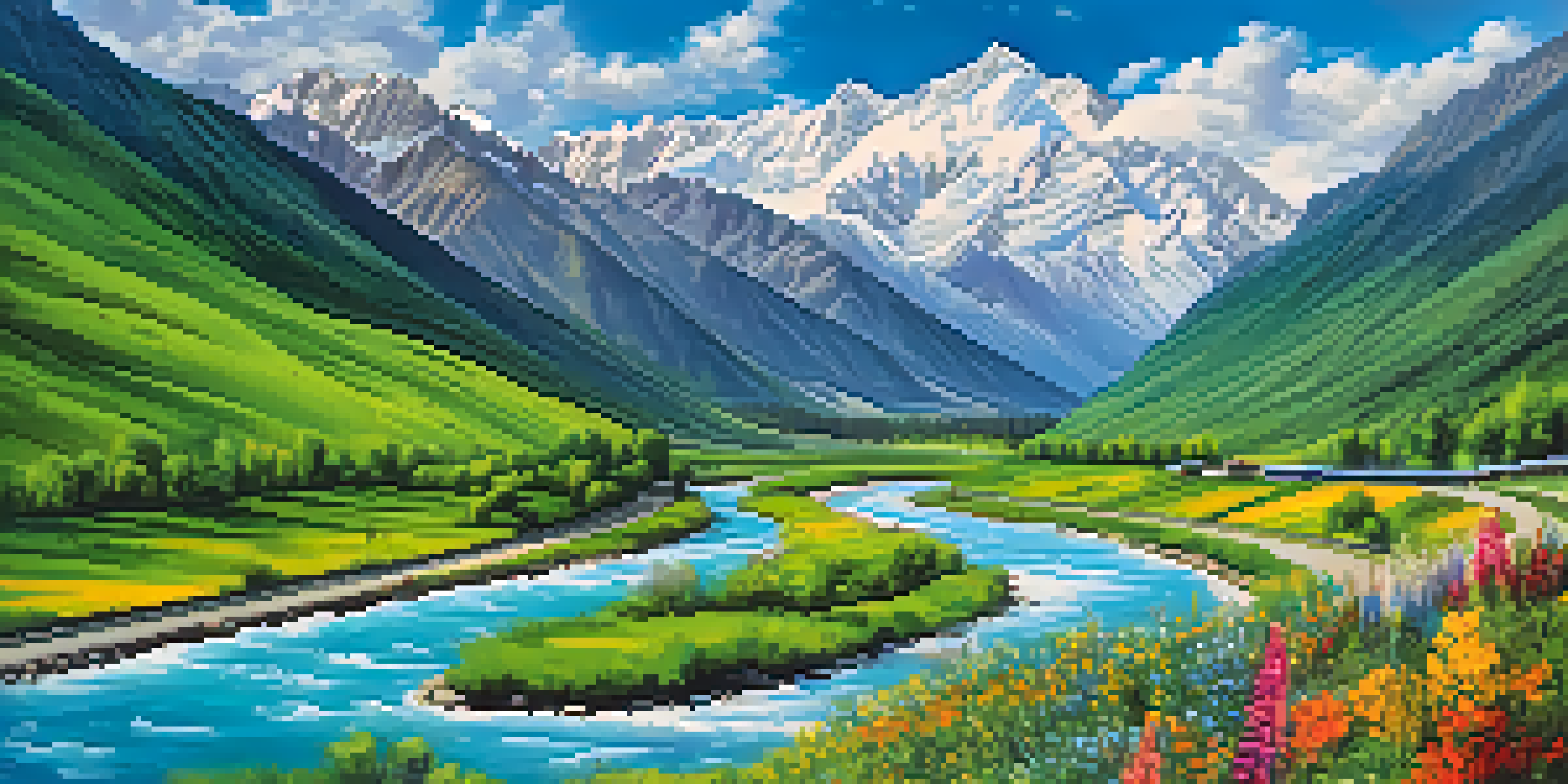 A scenic road trip view from Manali to Leh, showcasing green valleys and snow-capped mountains under a blue sky.