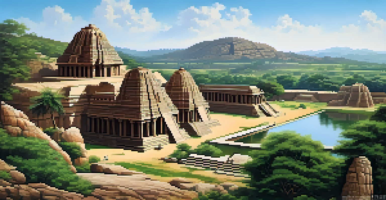 A scenic view of the Virupaksha Temple in Hampi, surrounded by unique rock formations and greenery under a clear sky.