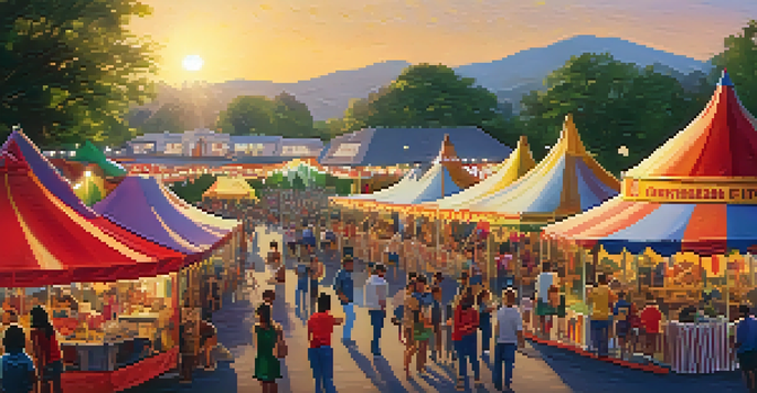 A lively community fair with colorful tents, families having fun, and soft sunset light creating a warm atmosphere.