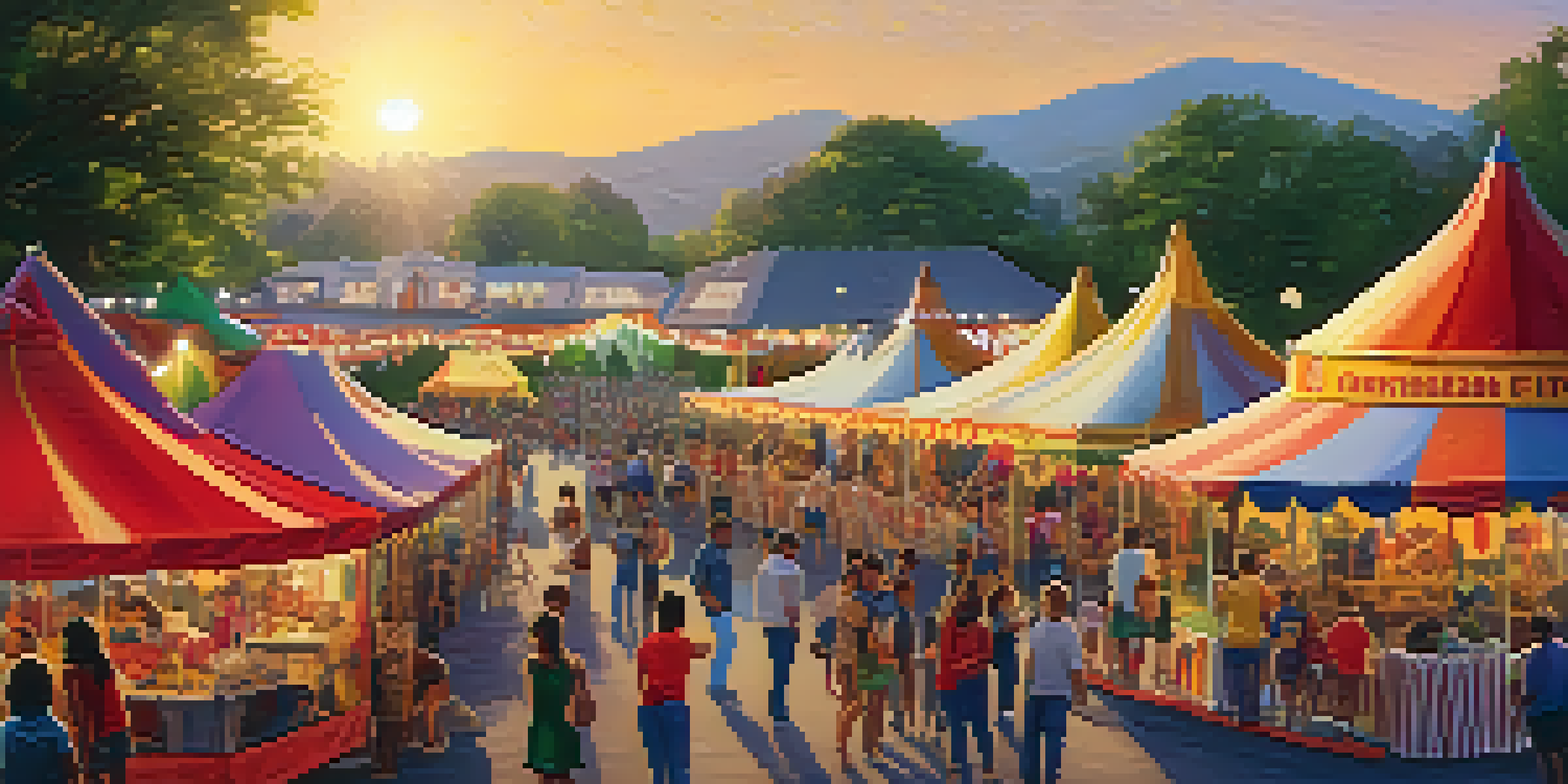 A lively community fair with colorful tents, families having fun, and soft sunset light creating a warm atmosphere.