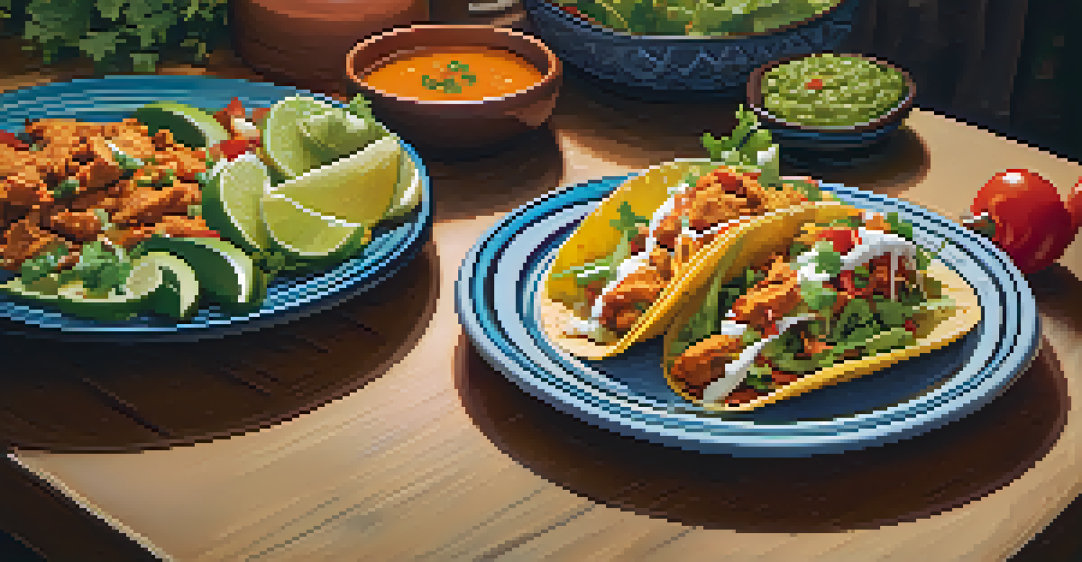 A plate of tandoori chicken tacos filled with vibrant ingredients, set in a modern kitchen with warm lighting.