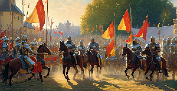 A lively medieval jousting tournament featuring knights in armor on horseback and a cheering crowd in historical costumes under a sunny sky.