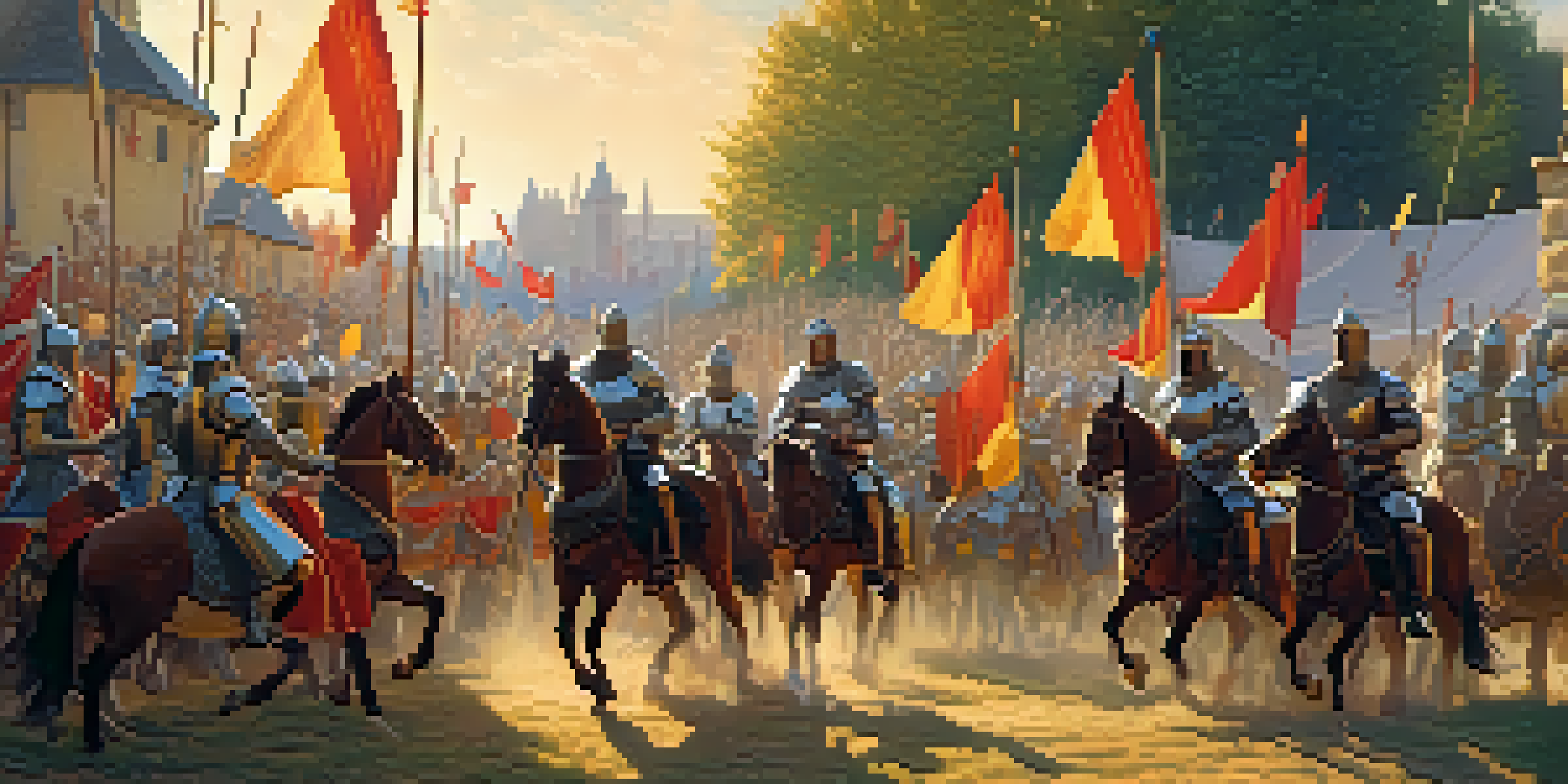 A lively medieval jousting tournament featuring knights in armor on horseback and a cheering crowd in historical costumes under a sunny sky.