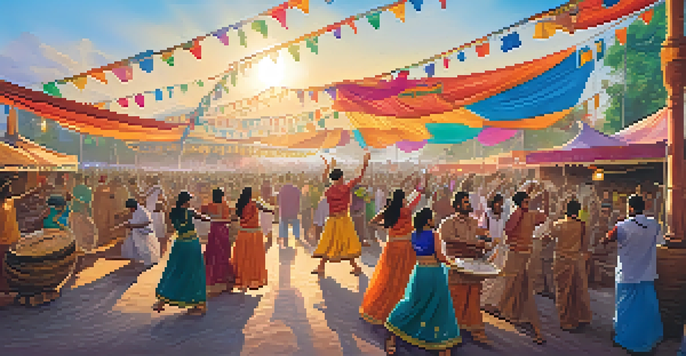 A lively Indian music festival with diverse attendees, musicians performing, colorful decorations, and food stalls.