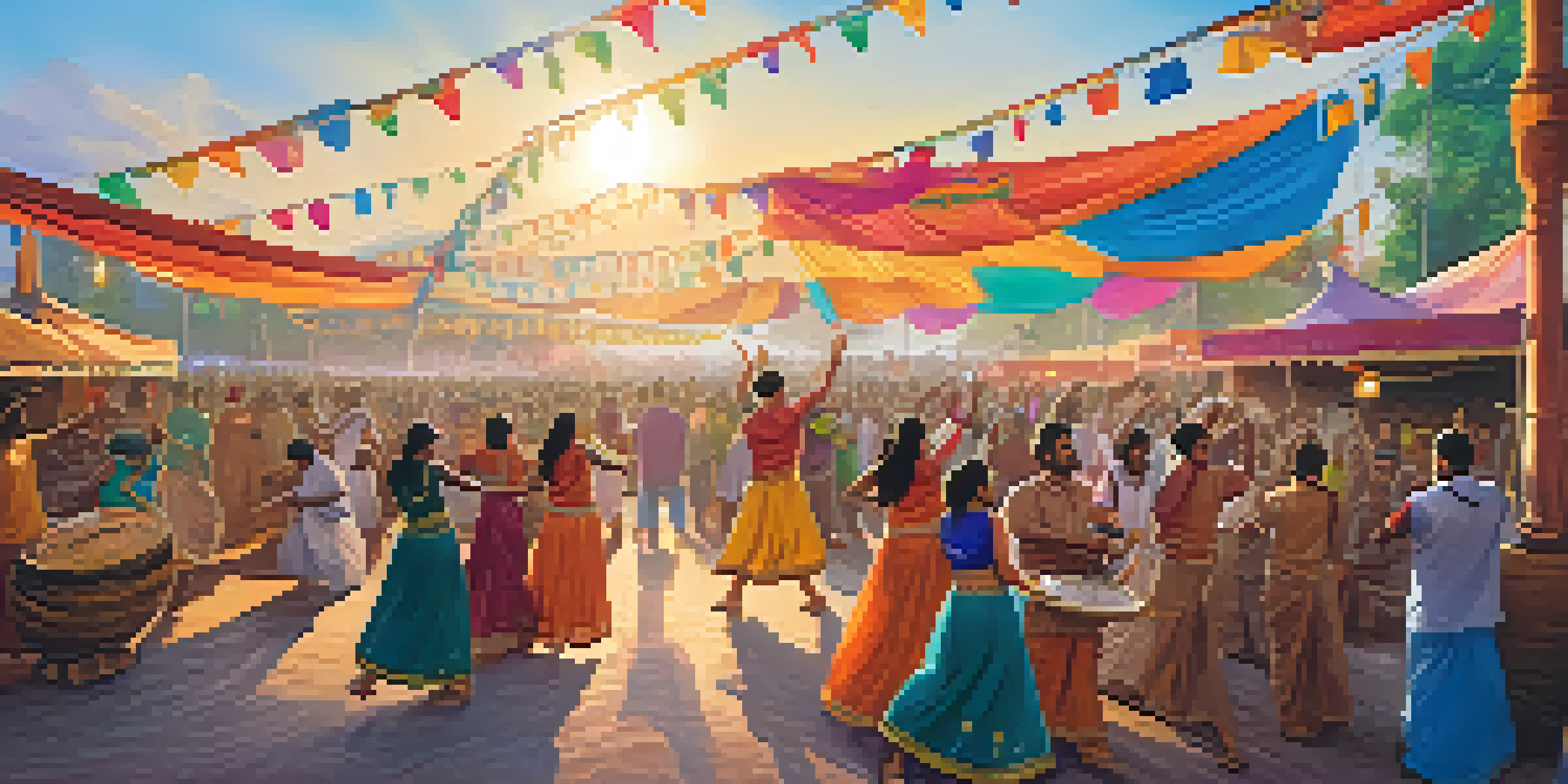 A lively Indian music festival with diverse attendees, musicians performing, colorful decorations, and food stalls.