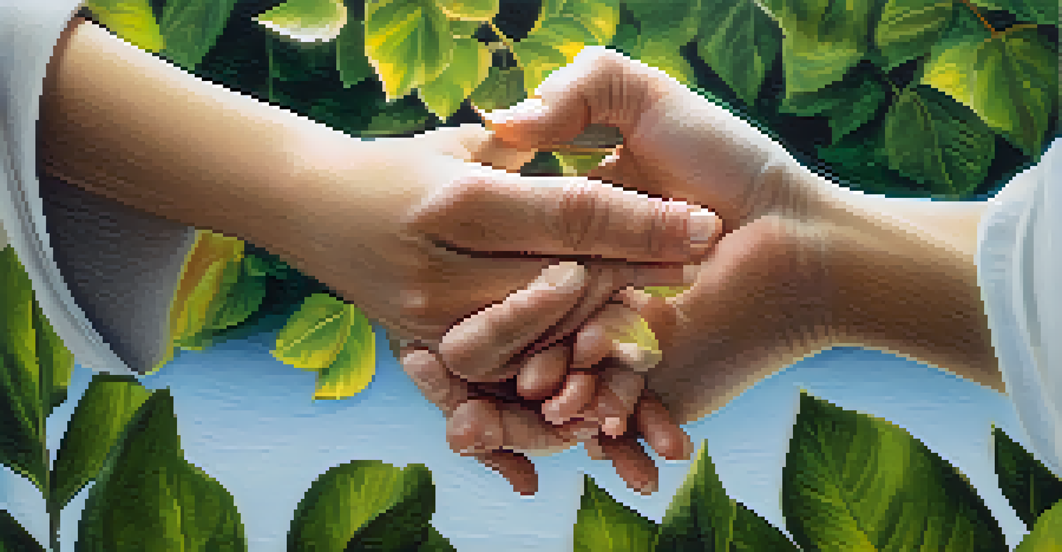 Close-up of hands practicing alternate nostril breathing in a peaceful outdoor setting.