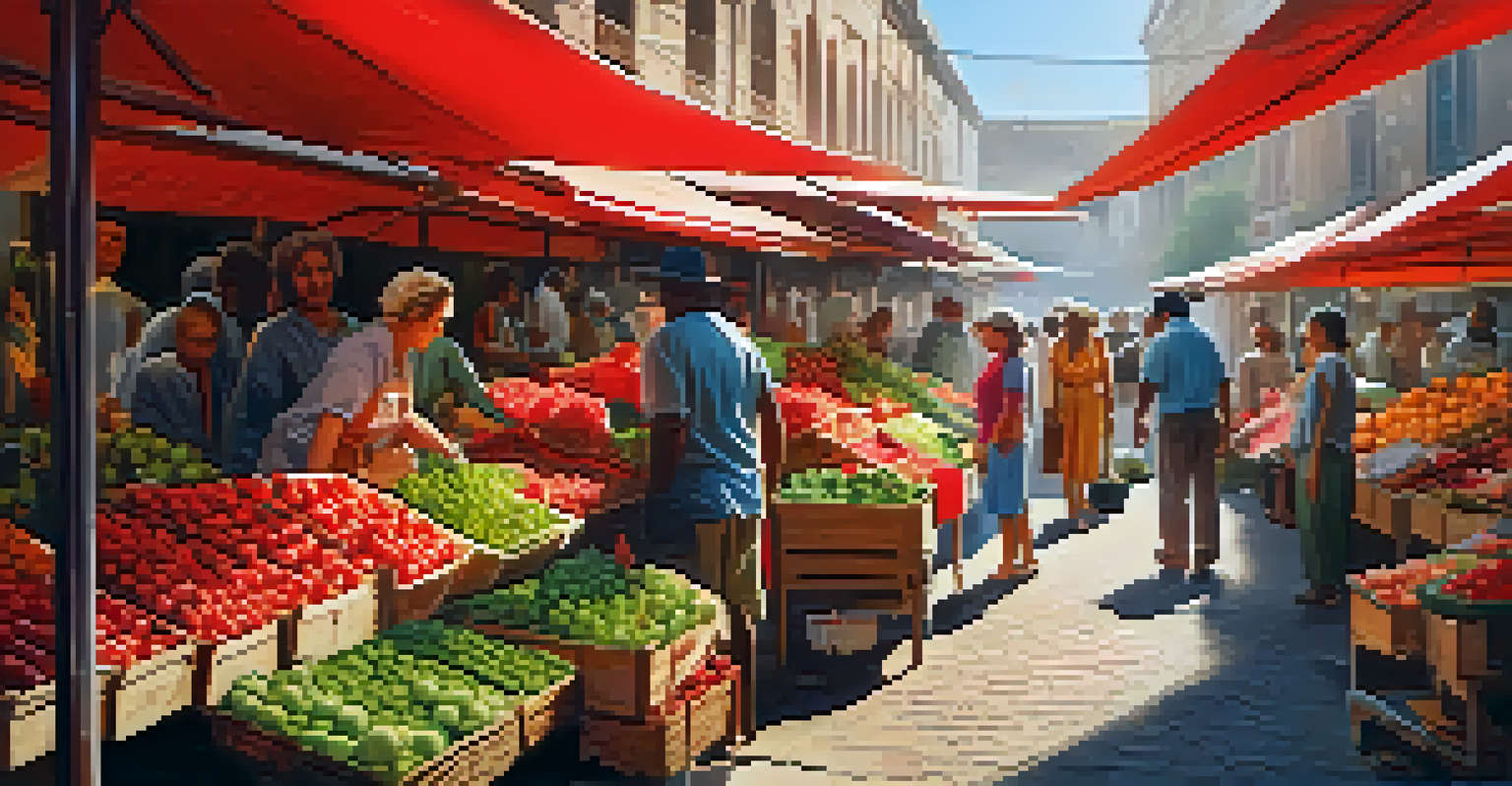 A lively local market with colorful stalls of fruits and vegetables, people shopping, and sunlight filtering through canopies.