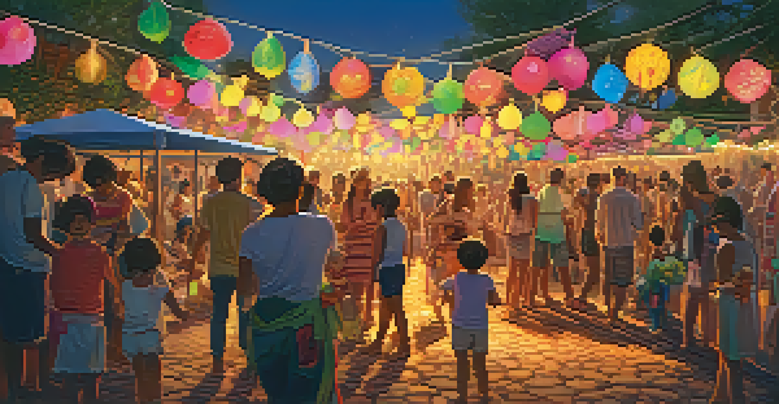 An outdoor festival art installation made of flowers and clay, with families enjoying the vibrant decorations at sunset.