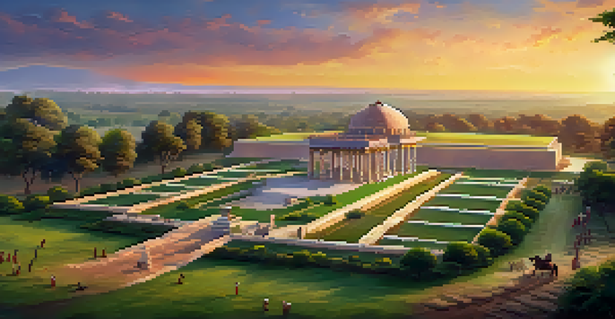 A wide view of the Panipat battlefield with memorials at sunset, lush greenery and wildflowers in the foreground.