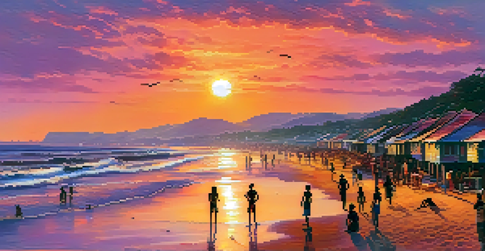 A picturesque sunset at Rushikonda Beach, showcasing vibrant colors in the sky and silhouettes of people enjoying beach activities.