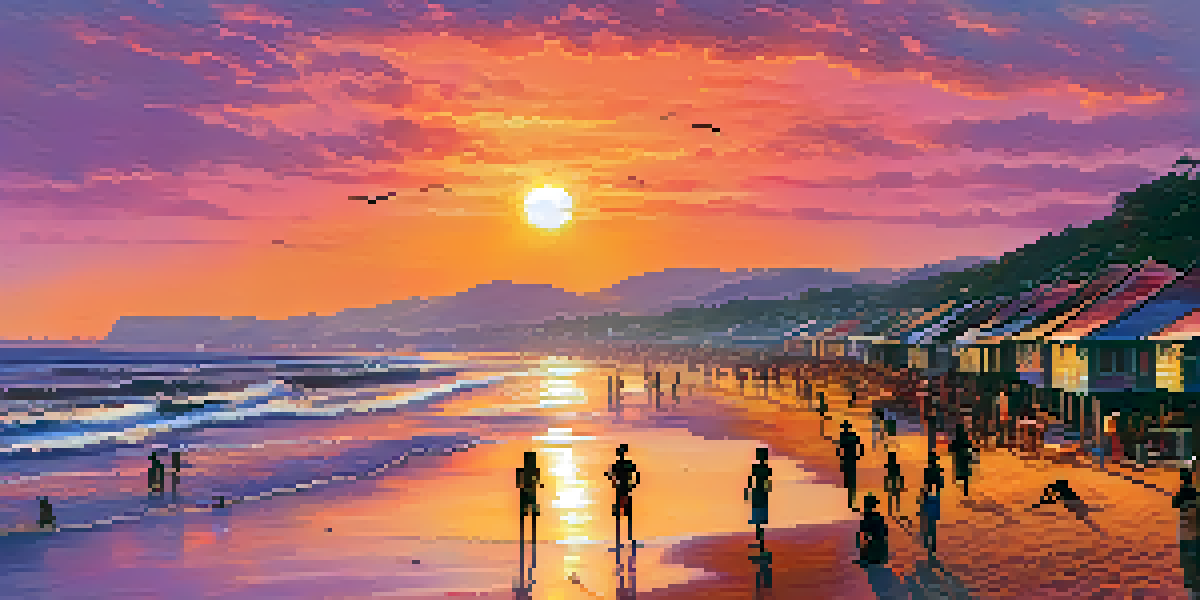 A picturesque sunset at Rushikonda Beach, showcasing vibrant colors in the sky and silhouettes of people enjoying beach activities.