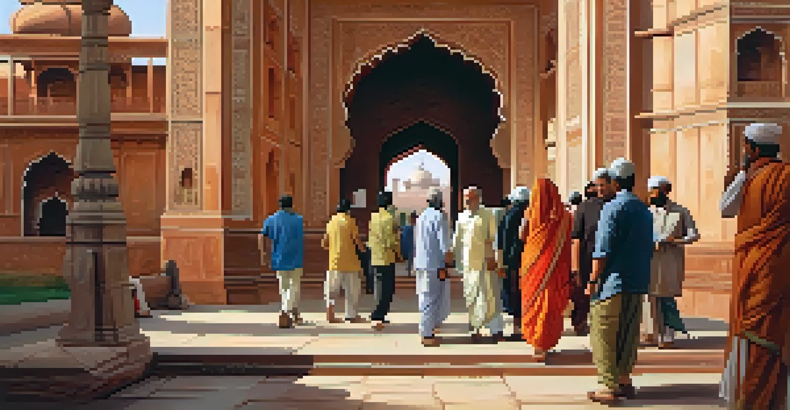 Tourists engaging with a local guide near the Agra Fort, showcasing its intricate architecture and historical significance.