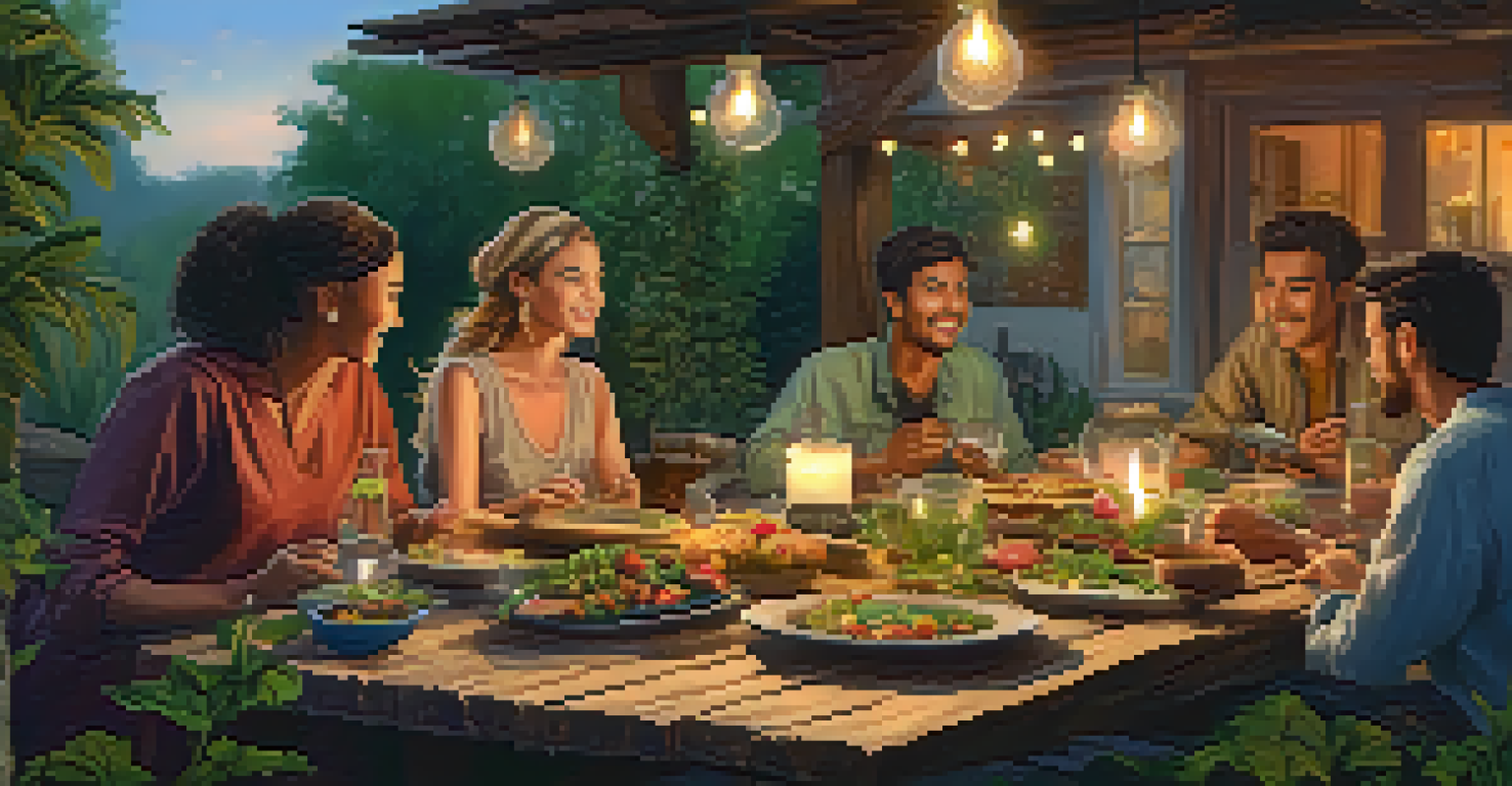A group of friends enjoying a meal together at a rustic table outdoors, featuring traditional dishes and a warm, inviting ambiance.