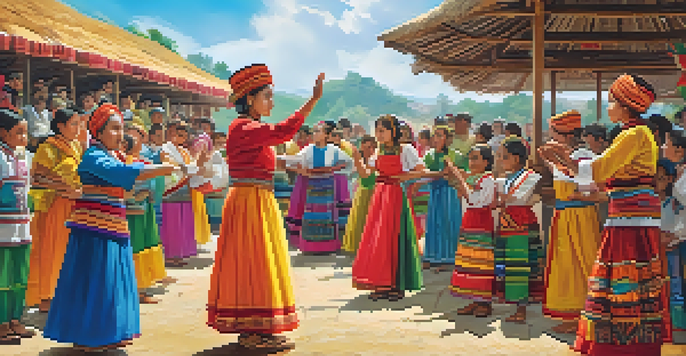 A lively cultural heritage festival with children dancing in traditional costumes, surrounded by food stalls and crafts, under a bright blue sky.