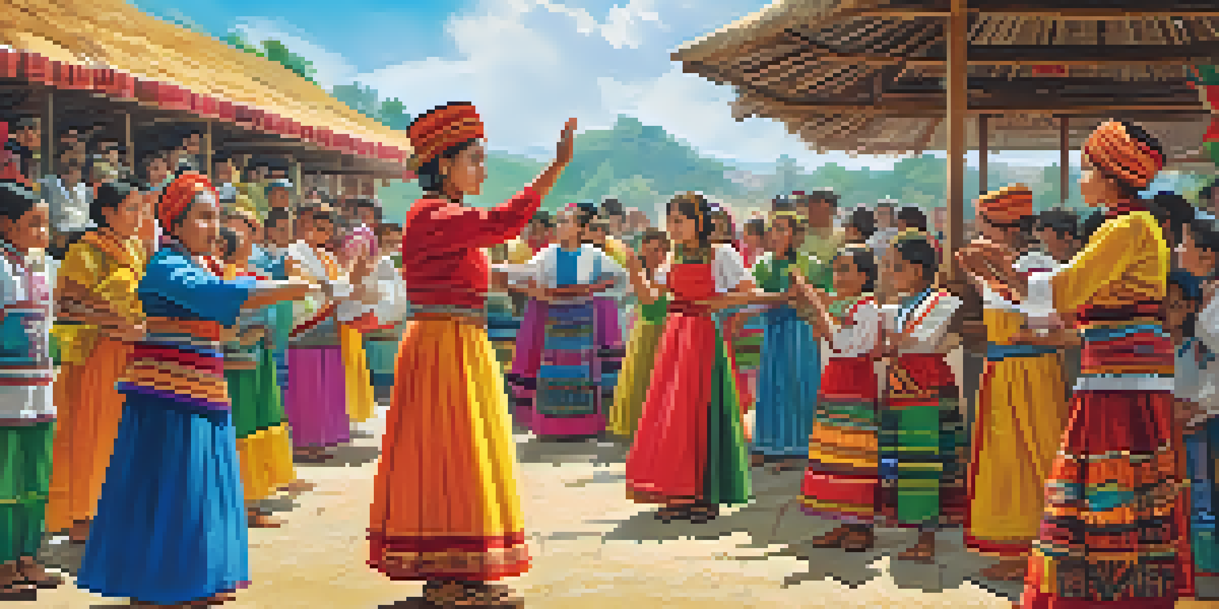 A lively cultural heritage festival with children dancing in traditional costumes, surrounded by food stalls and crafts, under a bright blue sky.