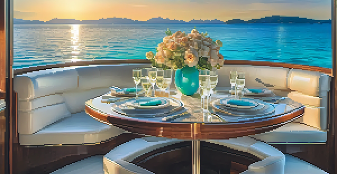A private yacht in turquoise waters with a sunset background, featuring a dining setup with champagne and gourmet food.