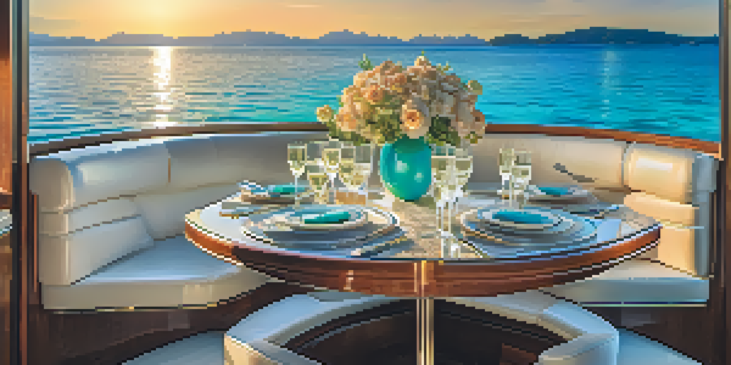 A private yacht in turquoise waters with a sunset background, featuring a dining setup with champagne and gourmet food.