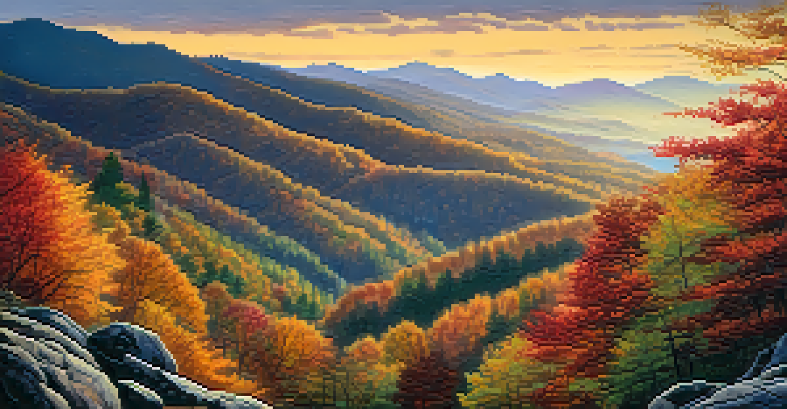A scenic view of the Smoky Mountains in autumn with a bear foraging and colorful trees.