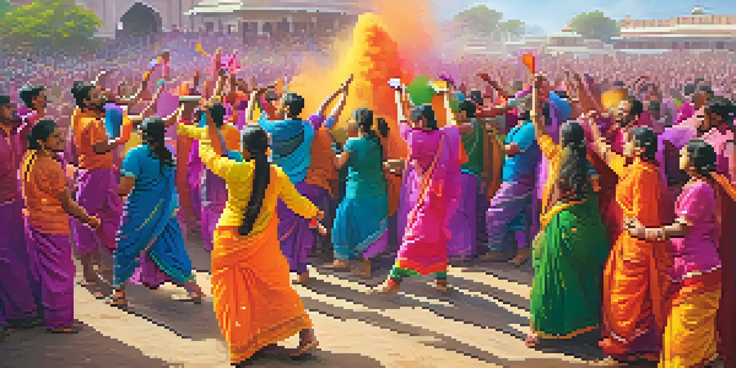 A lively festival scene of Holi with people throwing colorful powders, surrounded by flowers and traditional decorations.