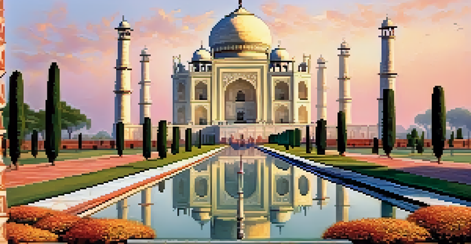 A view of the Taj Mahal at sunrise with colorful skies and lush gardens.