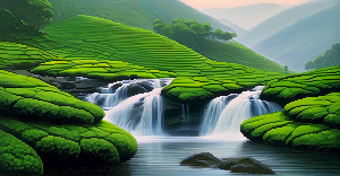 A misty landscape of Munnar with lush tea gardens and cascading waterfalls during the monsoon season.