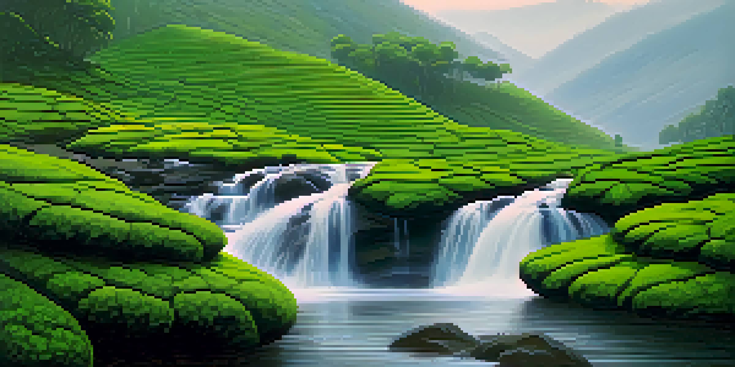 A misty landscape of Munnar with lush tea gardens and cascading waterfalls during the monsoon season.